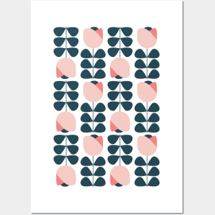 Retro Geometric Floral Pattern 1 in Baby Pink, Coral and Dark Blue Posters and Art